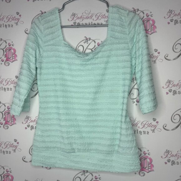 Tropical summer top 3d ruffle frilly square neckline stretchy aqua blue comfy - Picture 5 of 8